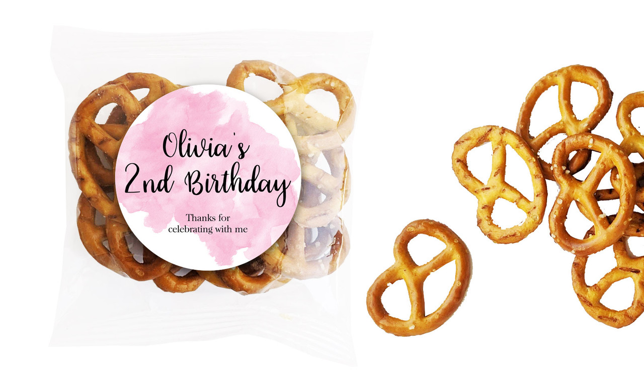 A Splash Of Watercolour Pink Kids Party Personalised Bag Of Pretzels