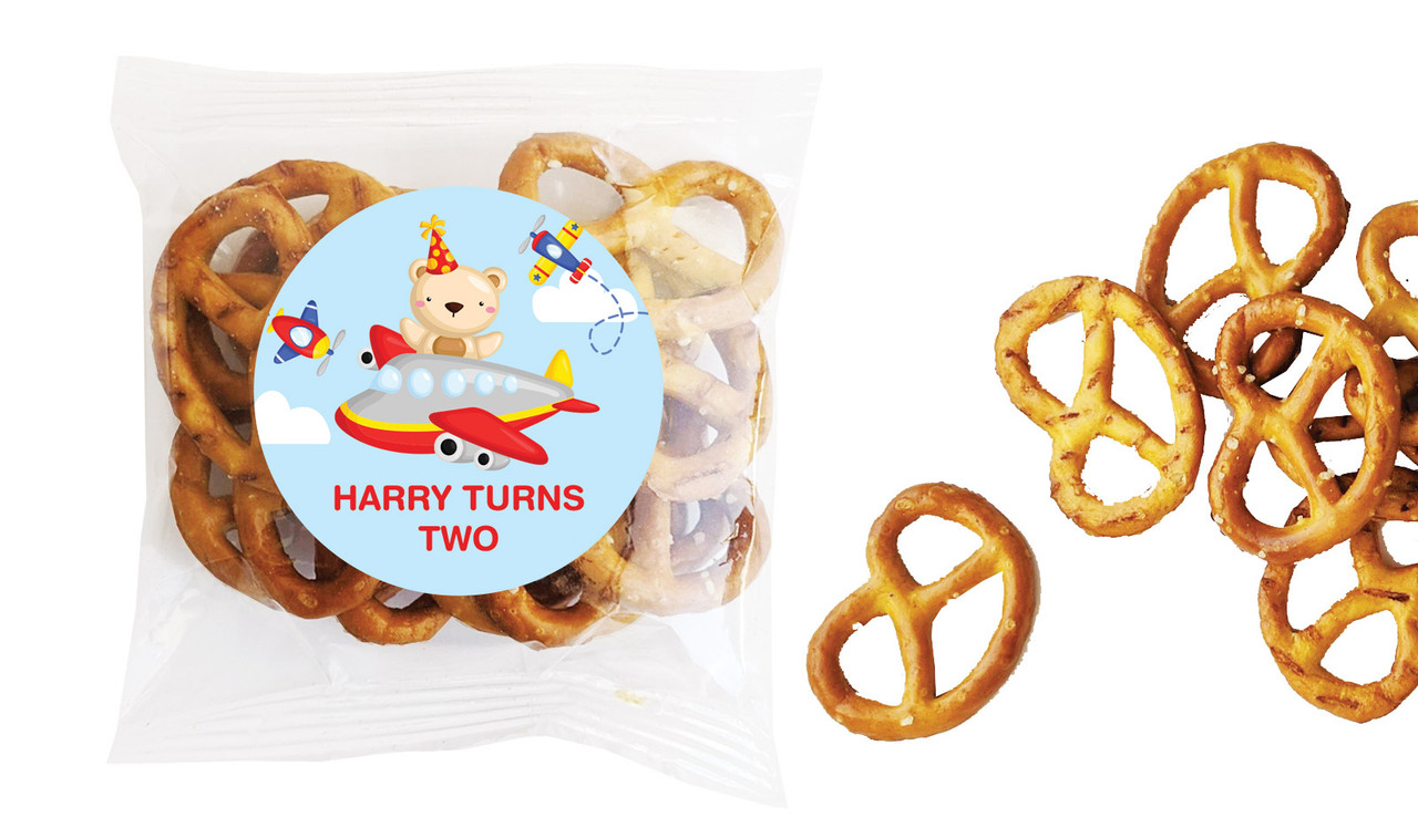 Bear Air Plane Kids Party Personalised Bag Of Pretzels