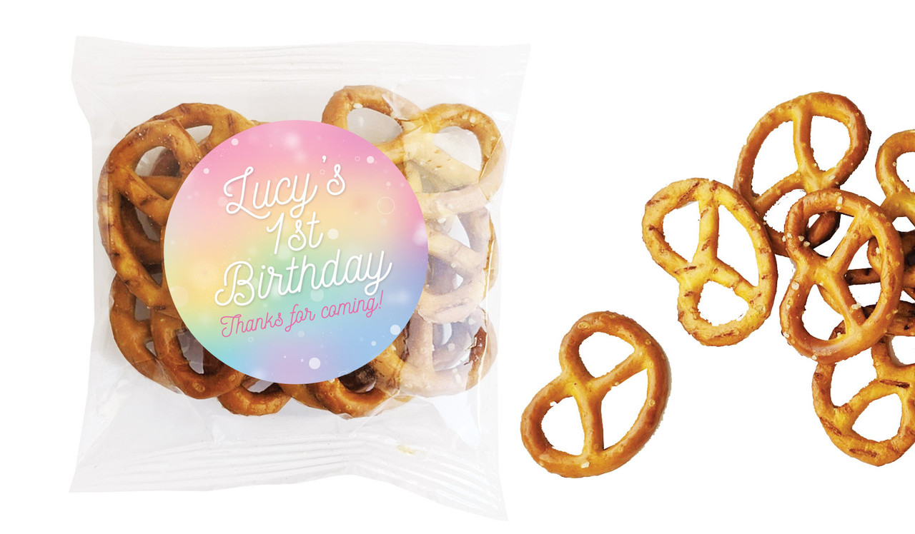 Rainbow Sparkle Kids Party Personalised Bag Of Pretzels