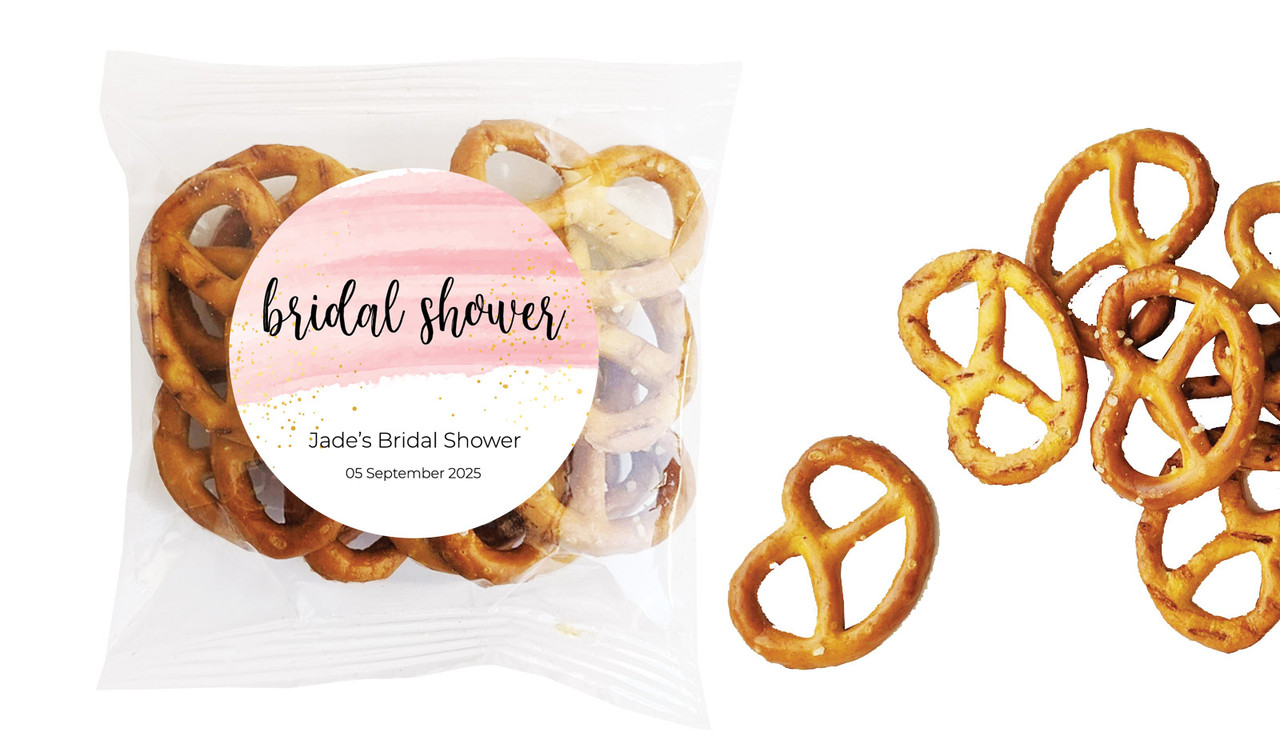 Pink Watercolour Bridal Shower Personalised Bag Of Pretzels