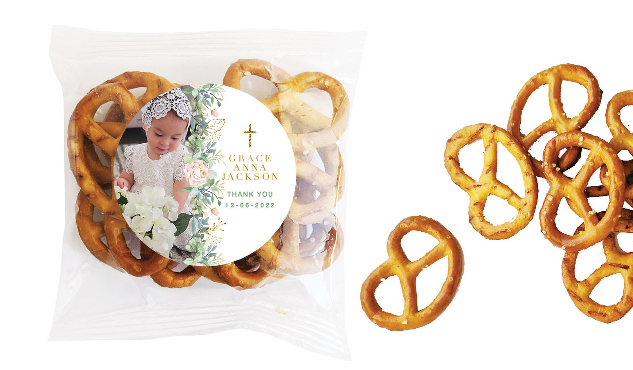 Leaves Photo Christening Personalised Bag Of Pretzels