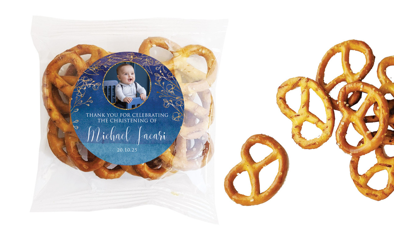 Navy Gold Photo Christening Personalised Bag Of Pretzels