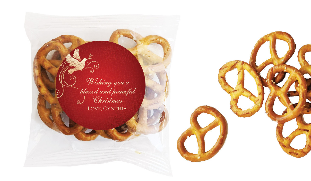 Dove In Gold Christmas Personalised Bag Of Pretzels