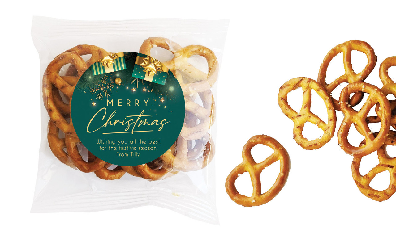 Green And Gold Gifts Christmas Personalised Bag Of Pretzels