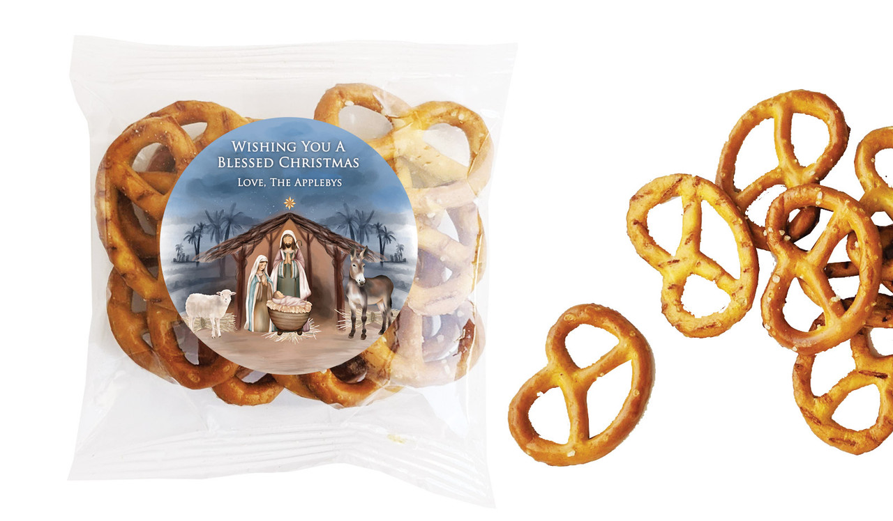 Nativity Scene Christmas Personalised Bag Of Pretzels