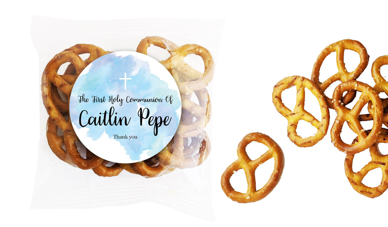 A Splash Of Watercolour Blue Communion Personalised Bag Of Pretzels