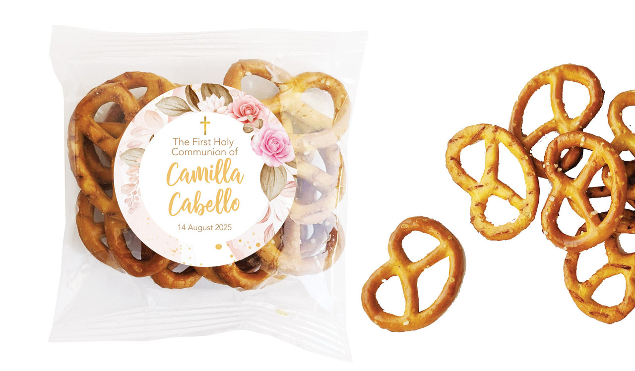 Pretty Roses Communion Personalised Bag Of Pretzels