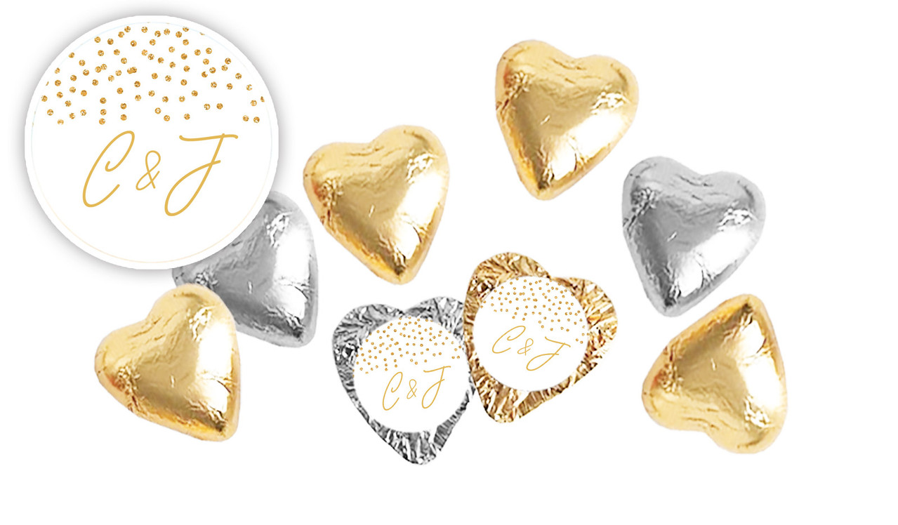 Gold Confetti On White Personalised Foil Chocolate Hearts