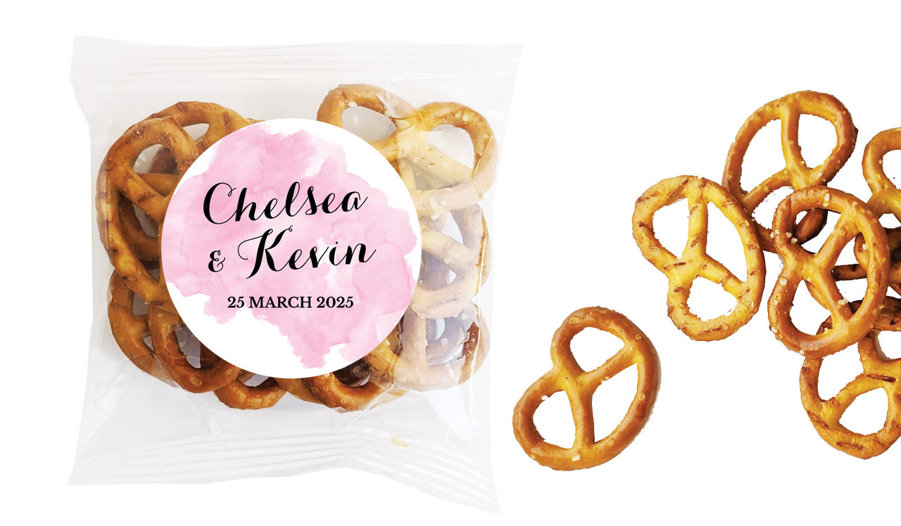 A Splash Of Watercolour Pink Wedding Personalised Bag Of Pretzels