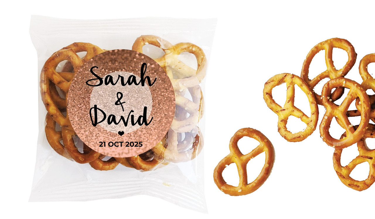 Glitter Rose Gold Wedding Personalised Bag Of Pretzels