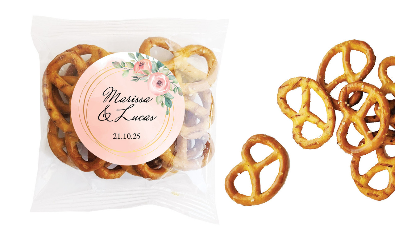 Gold Rings On Peach Wedding Personalised Bag Of Pretzels