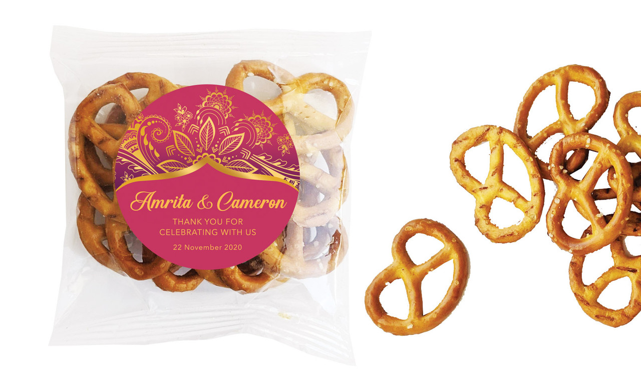 Regal Pink And Gold Wedding Personalised Bag Of Pretzels