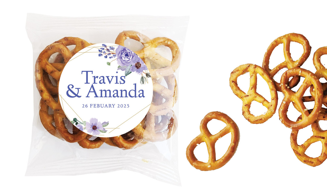 Violets On Gold Frame Wedding Personalised Bag Of Pretzels