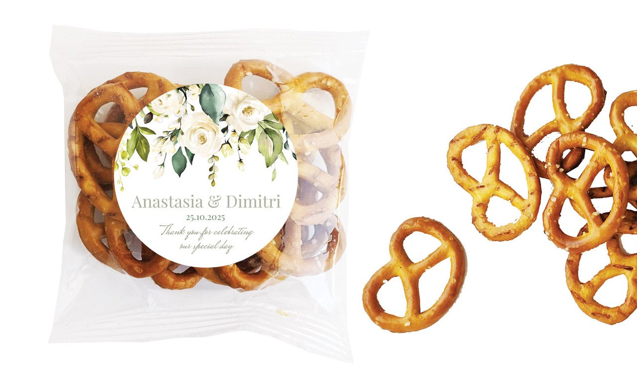 White Roses Hanging Wedding Personalised Bag Of Pretzels