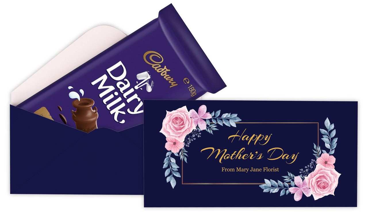 Pink Roses On Navy Mothers Day Personalised Cadbury Bar Box (Box Only)