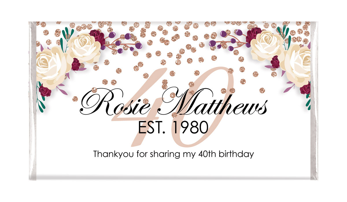 40th Rose Gold Confetti Personalised Chocolate Bars