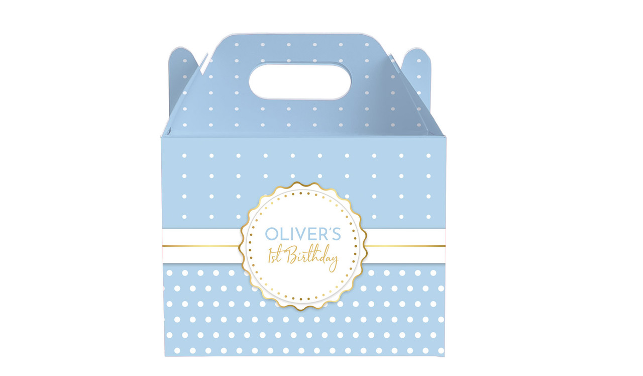 Polkadot Blue 1st Birthday Party Personalised Gable Favour Box