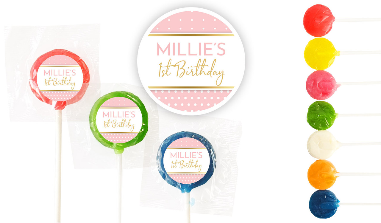 Polkadot Pink 1st Birthday Custom 3cm Mini Lollipops