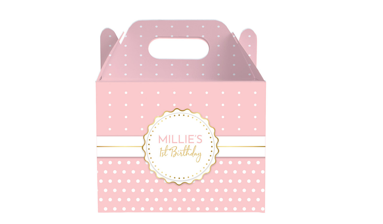 Polkadot Pink 1st Birthday Party Personalised Gable Favour Box