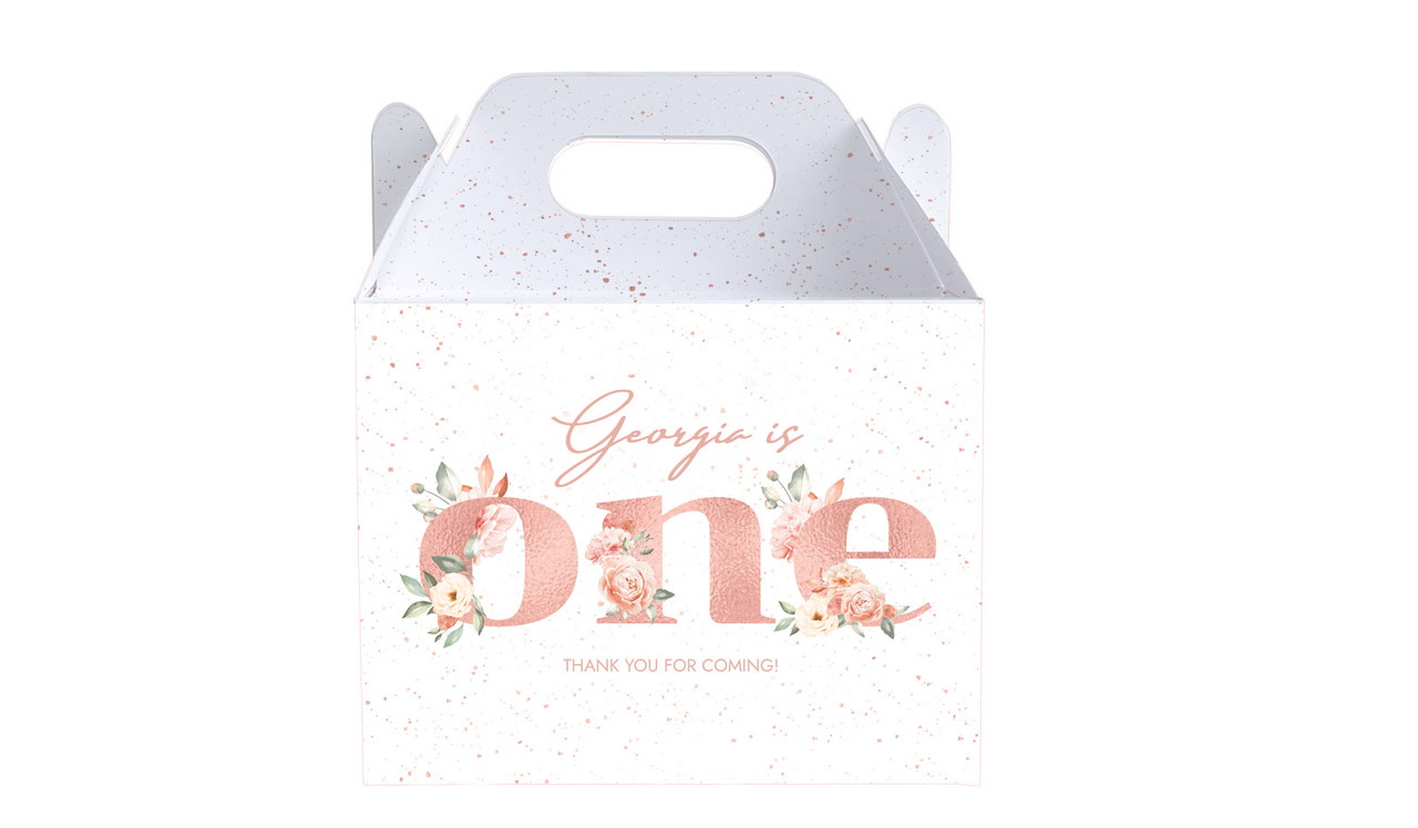 Rose Gold Floral 1st Birthday Party Personalised Gable Favour Box