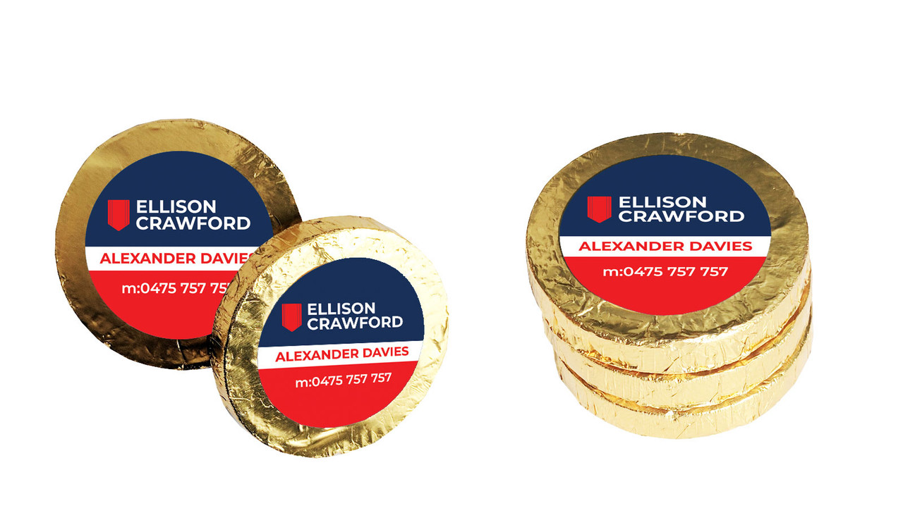 Real Estate Branded Chocolate Coins - Red And Blue Label on gold foil chocolate coins