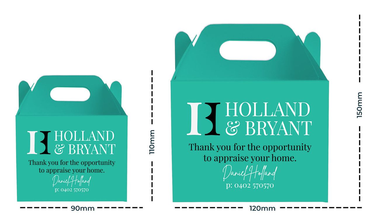 Size comparison of Real Estate Branded Gable Favour Boxes