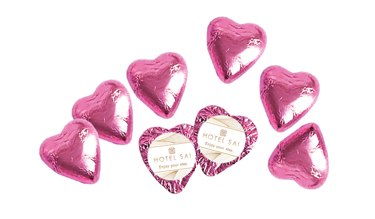 Pink Custom Foil Chocolate Hearts For Hotels
