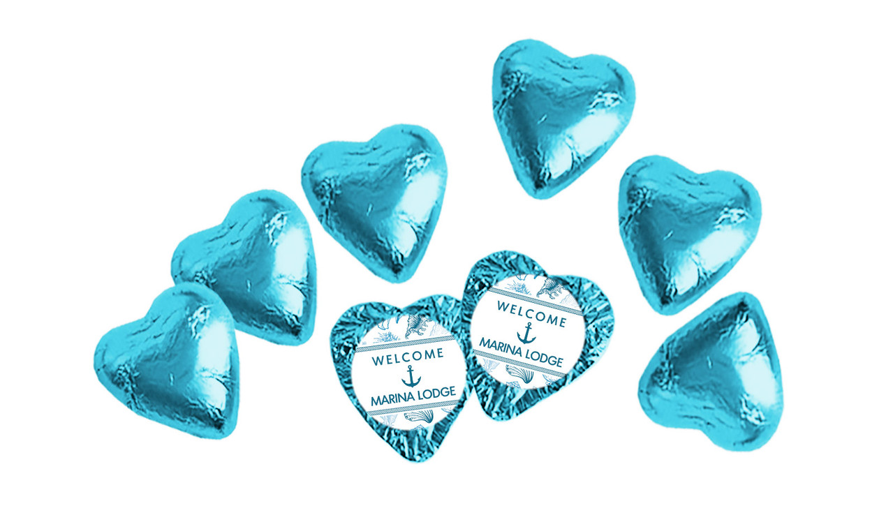 Blue Custom Foil Chocolate Hearts For Hotels