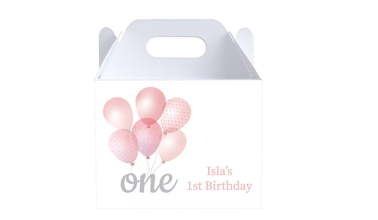Pink Balloon 1st Birthday Party Personalised Gable Favour Box