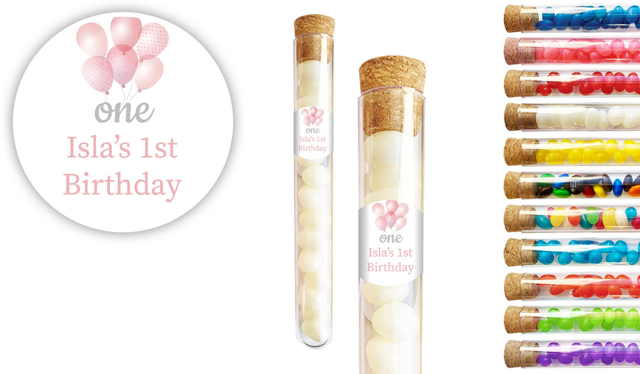 Pink Balloon 1st Birthday Party Personalised Test Tubes