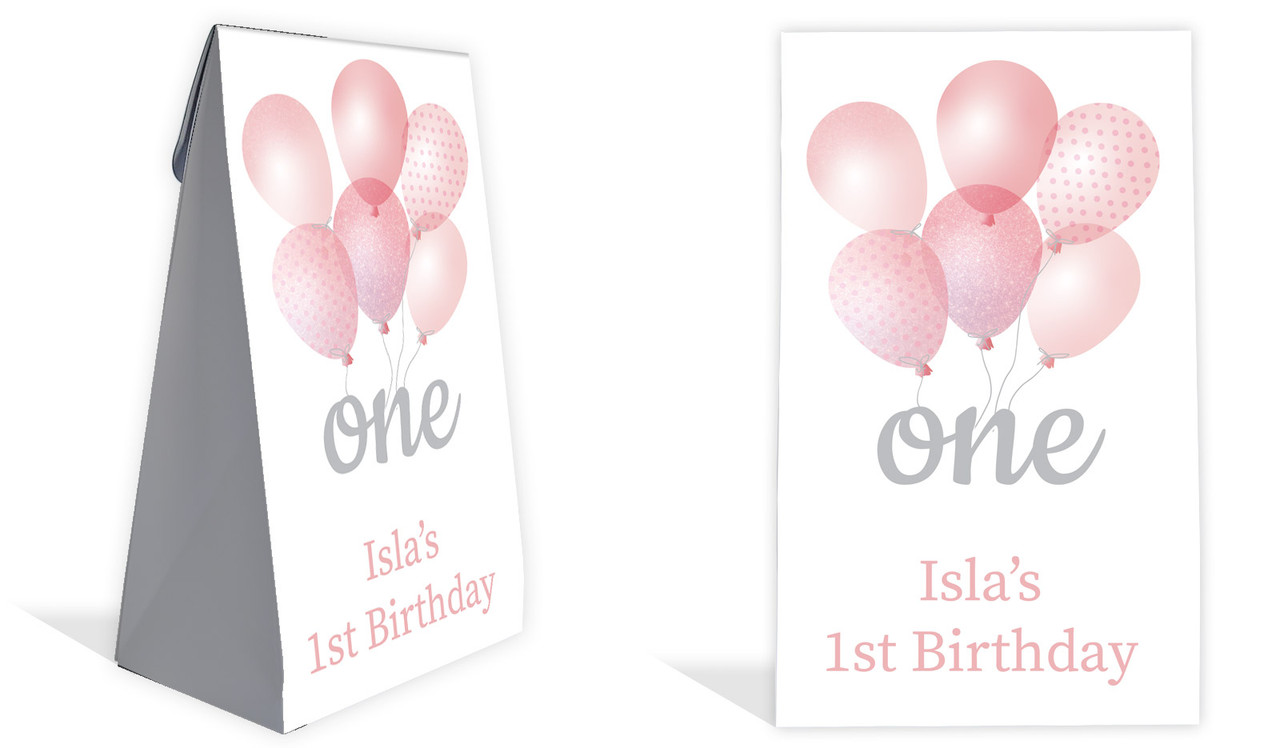 Pink Balloon 1st Birthday Party Personalised Gusset Favour Bag