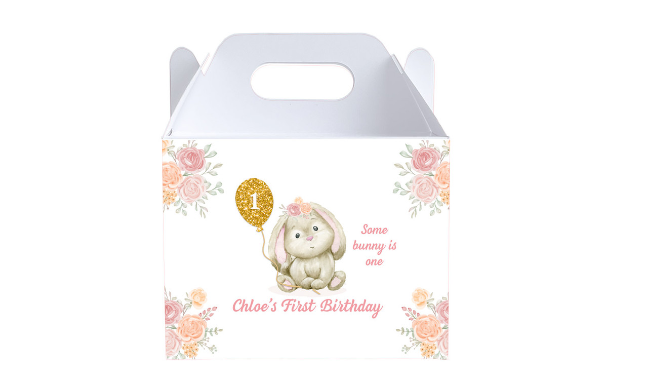 Bunny Balloon 1st Birthday Party Personalised Gable Favour Box