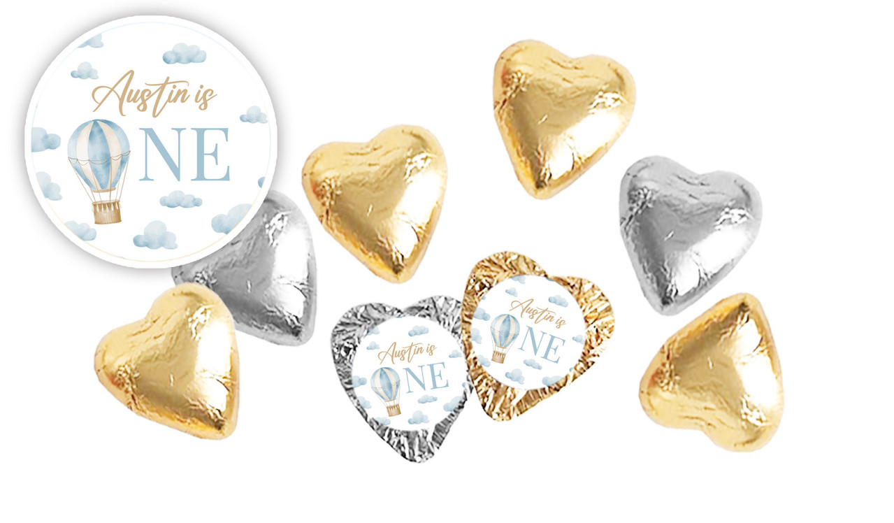 Hot Air Balloon Personalised 1st Birthday Foil Chocolate Hearts
