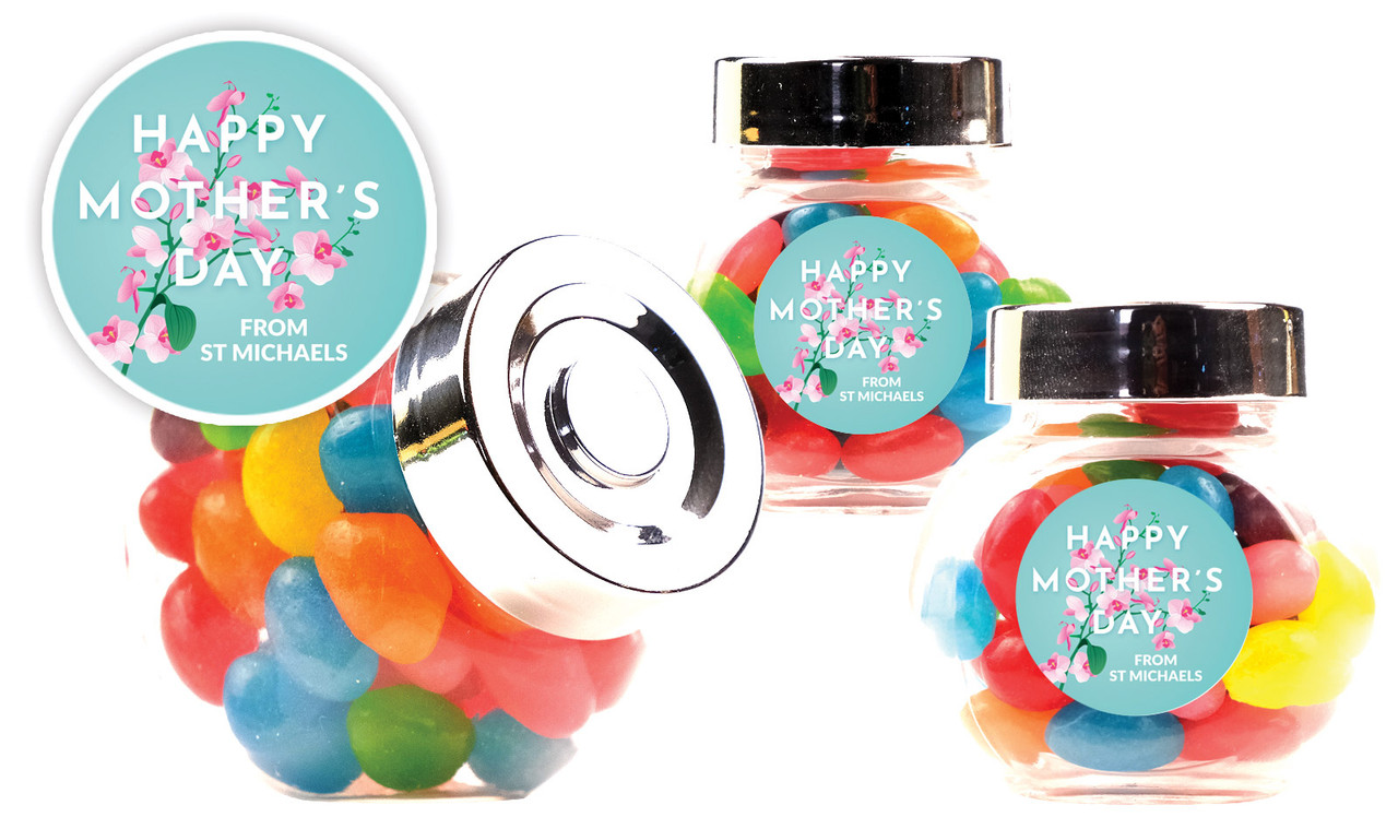 Pink Blooms On Aqua Mothers Day Personalised Mini Candy Jar With Multicoloured Jelly Beans