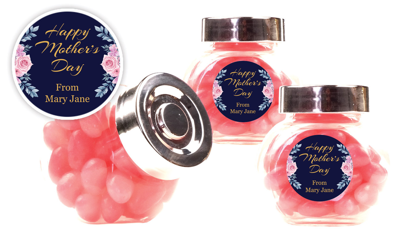Pink Roses On Navy Mothers Day Personalised Mini Candy Jar