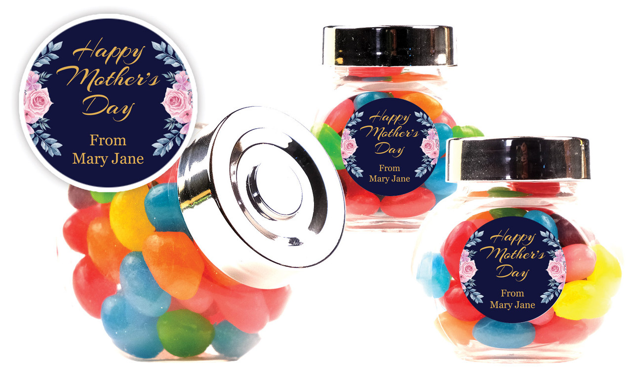 Pink Roses On Navy Mothers Day Personalised Mini Candy Jar With Multicoloured Jelly Beans