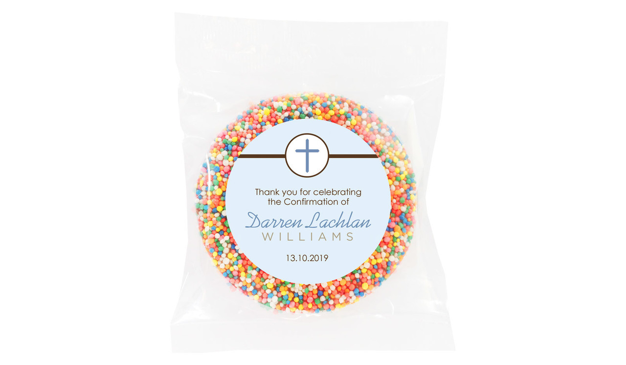 Cross On Blue Personalised Confirmation Chocolate Freckle