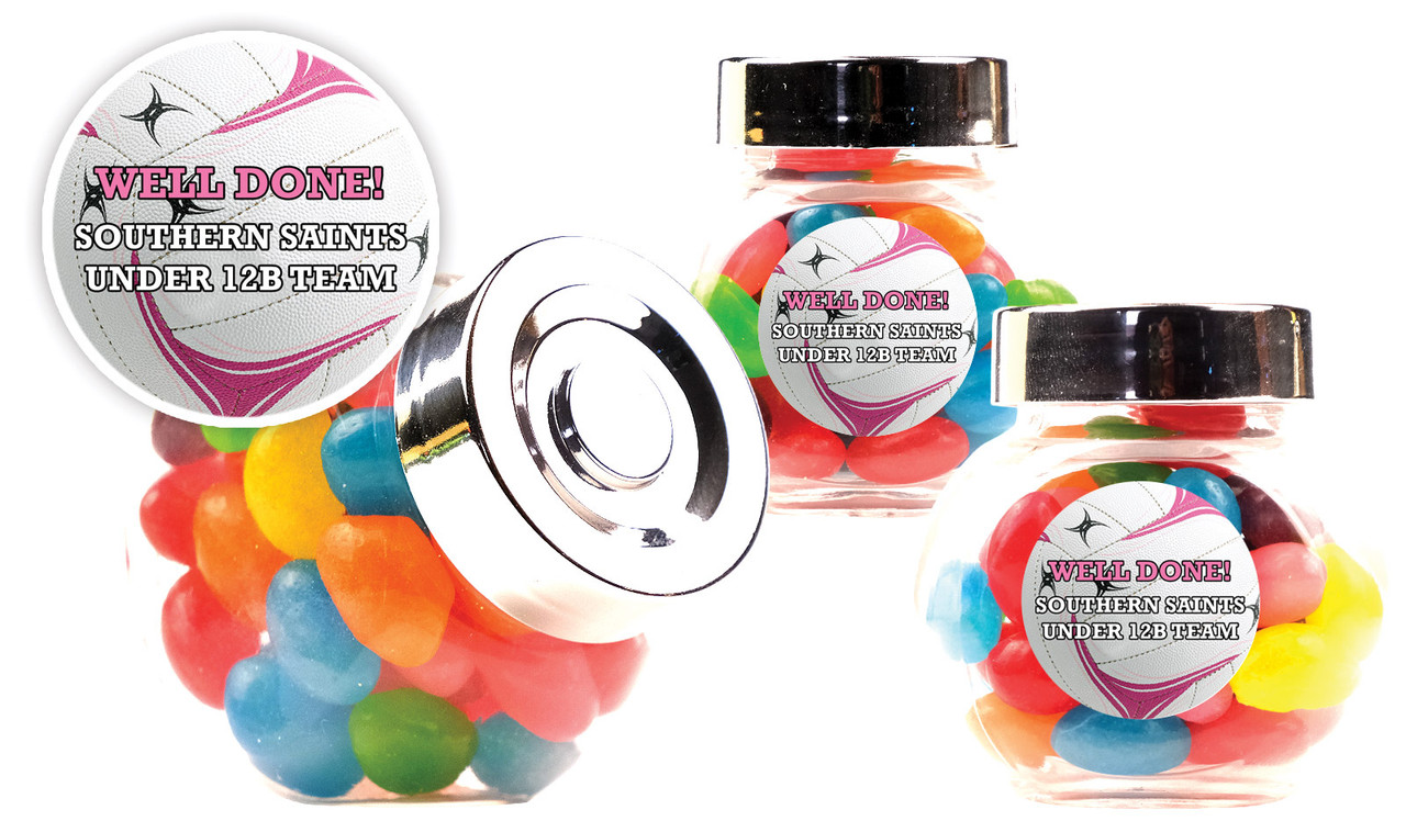 Netball Ball Personalised Mini Candy Jar With Multicoloured Jelly Beans