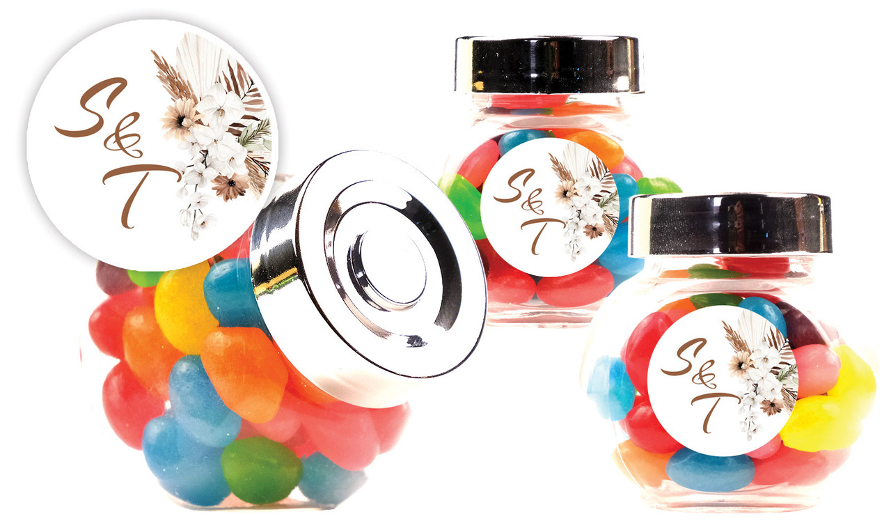 Winsome Floral Wedding Personalised Mini Candy Jar With Multicoloured Jelly Beans