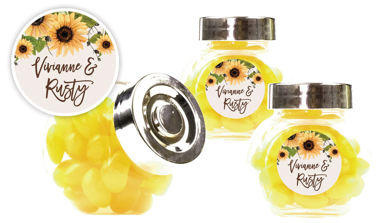 Rustic Sunflower Wedding Personalised Mini Candy Jar With Multicoloured Jelly Beans