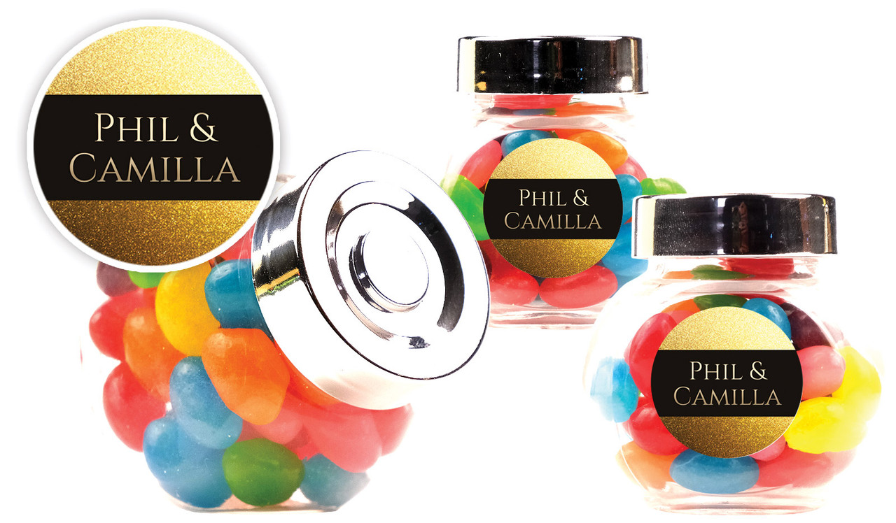 Solid Gold Wedding Personalised Mini Candy Jar With Multicoloured Jelly Beans