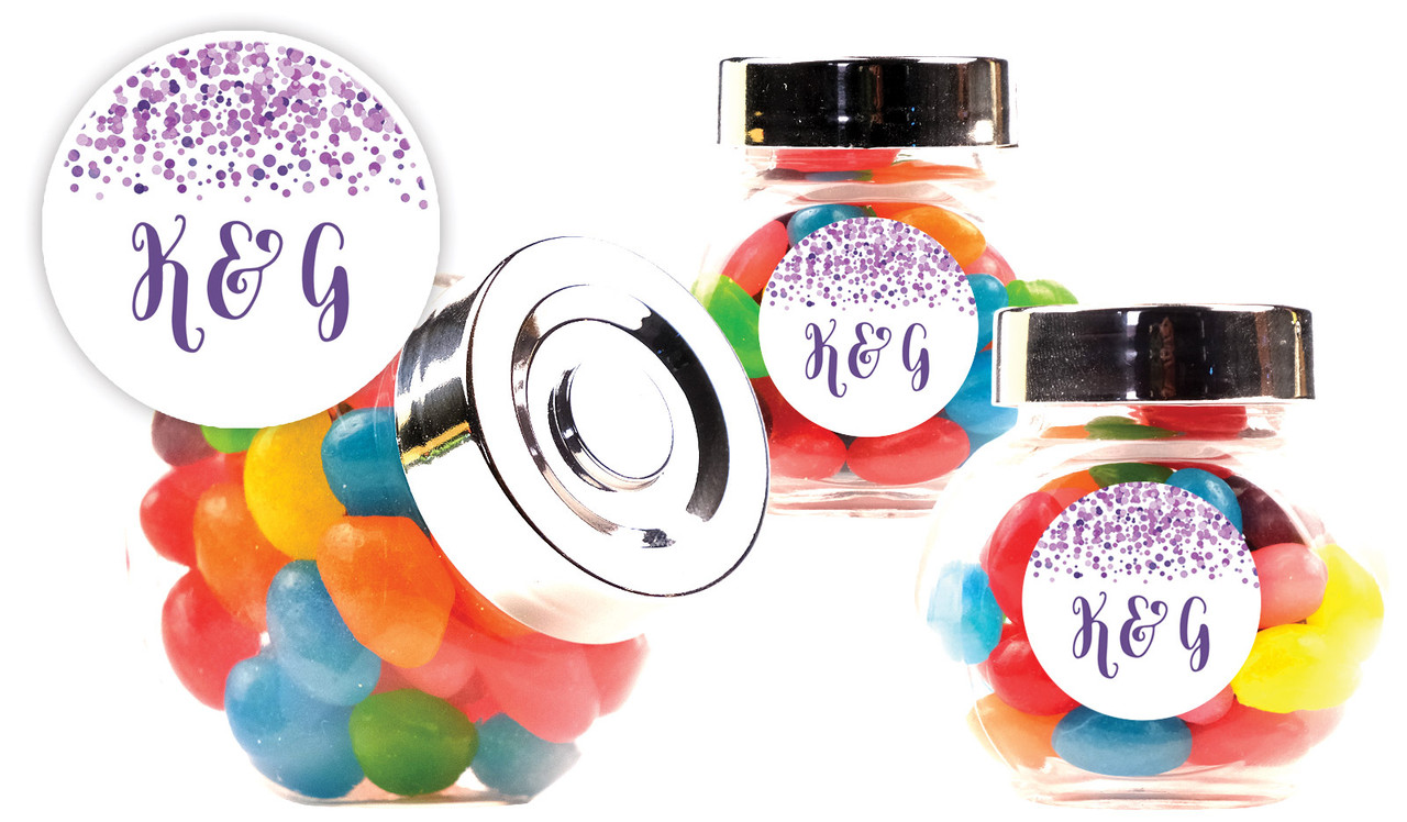 Confetti Purple Wedding Personalised Mini Candy Jar With Multicoloured Jelly Beans