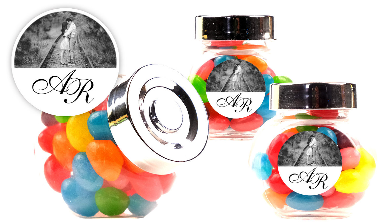 Add A Photo White Wedding Personalised Mini Candy Jar With Multicoloured Jelly Beans