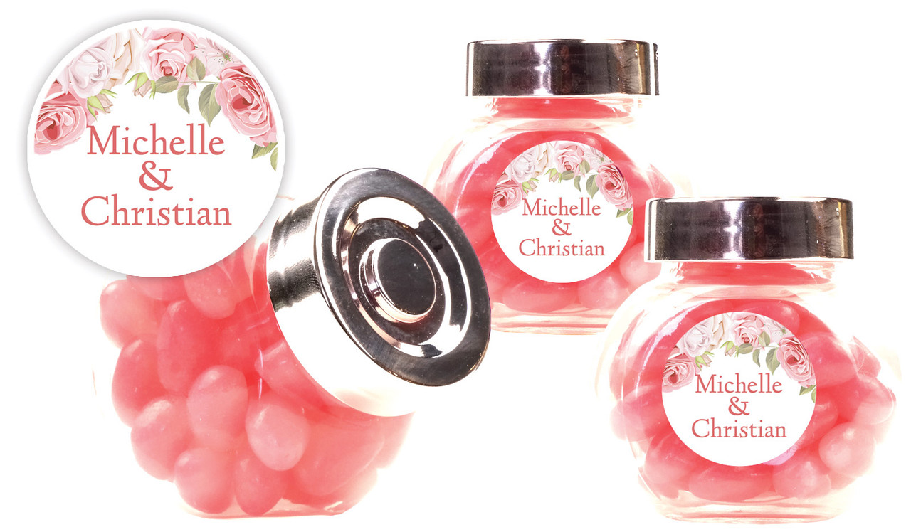 Classic Rose Border Wedding Personalised Mini Candy Jar With Multicoloured Jelly Beans