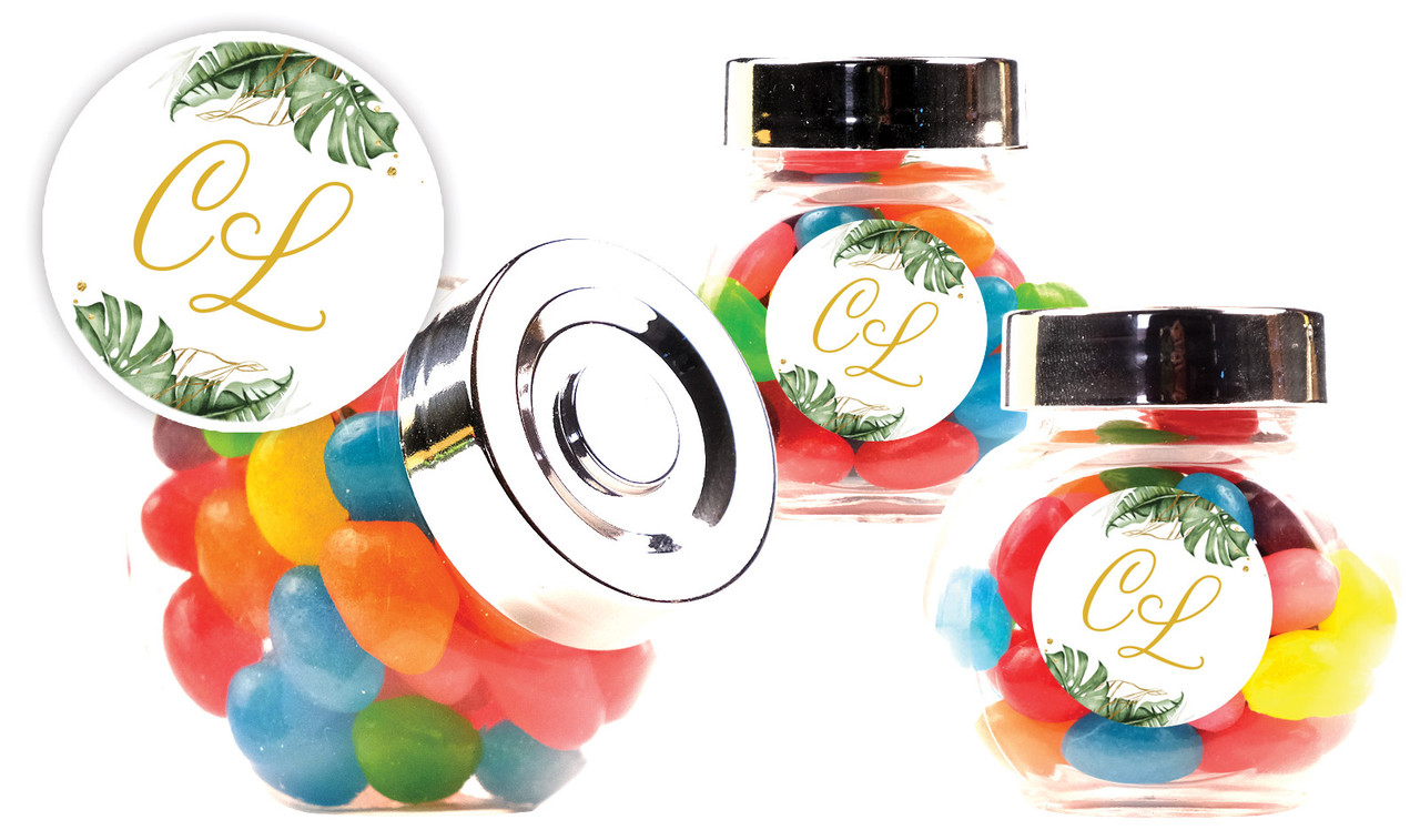 Tropical Palm Wedding Personalised Mini Candy Jar With Multicoloured Jelly Beans