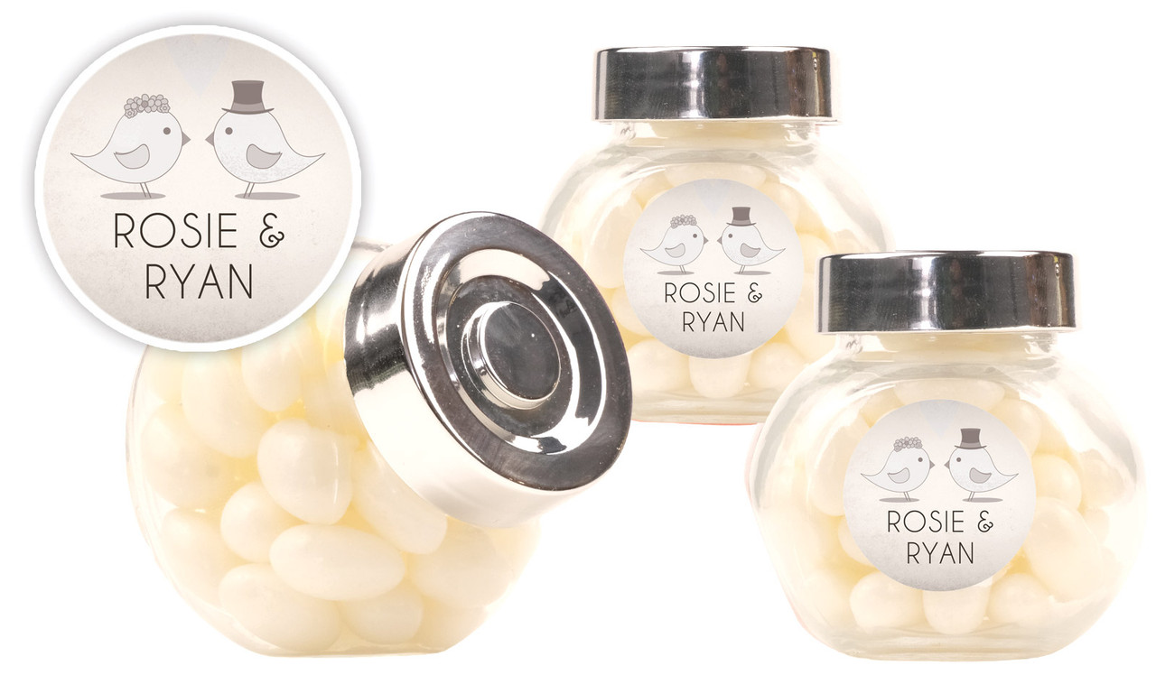 Sepia Love Birds Wedding Personalised Mini Candy Jar With Multicoloured Jelly Beans