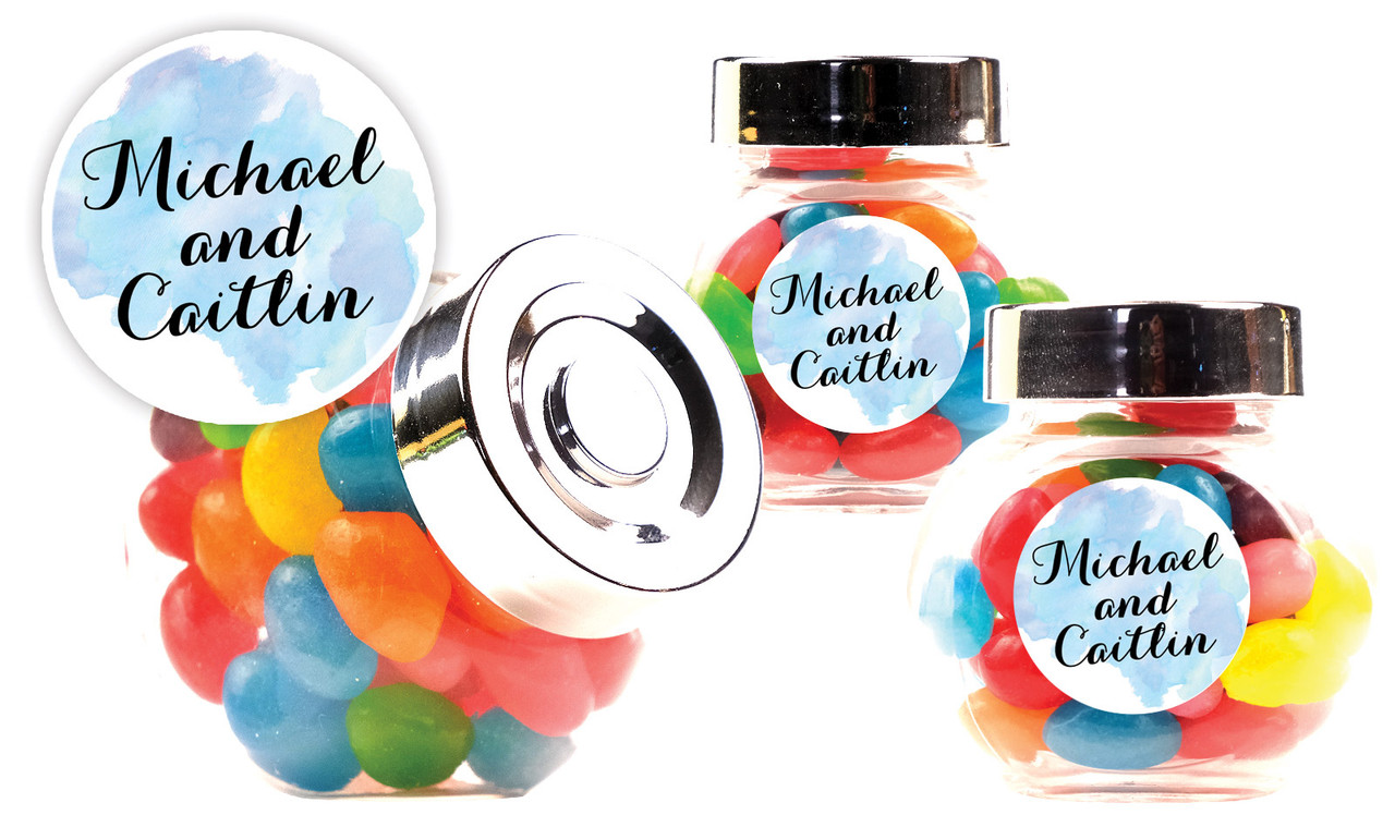 A Splash Of Watercolour Blue Wedding Personalised Mini Candy Jar With Multicoloured Jelly Beans