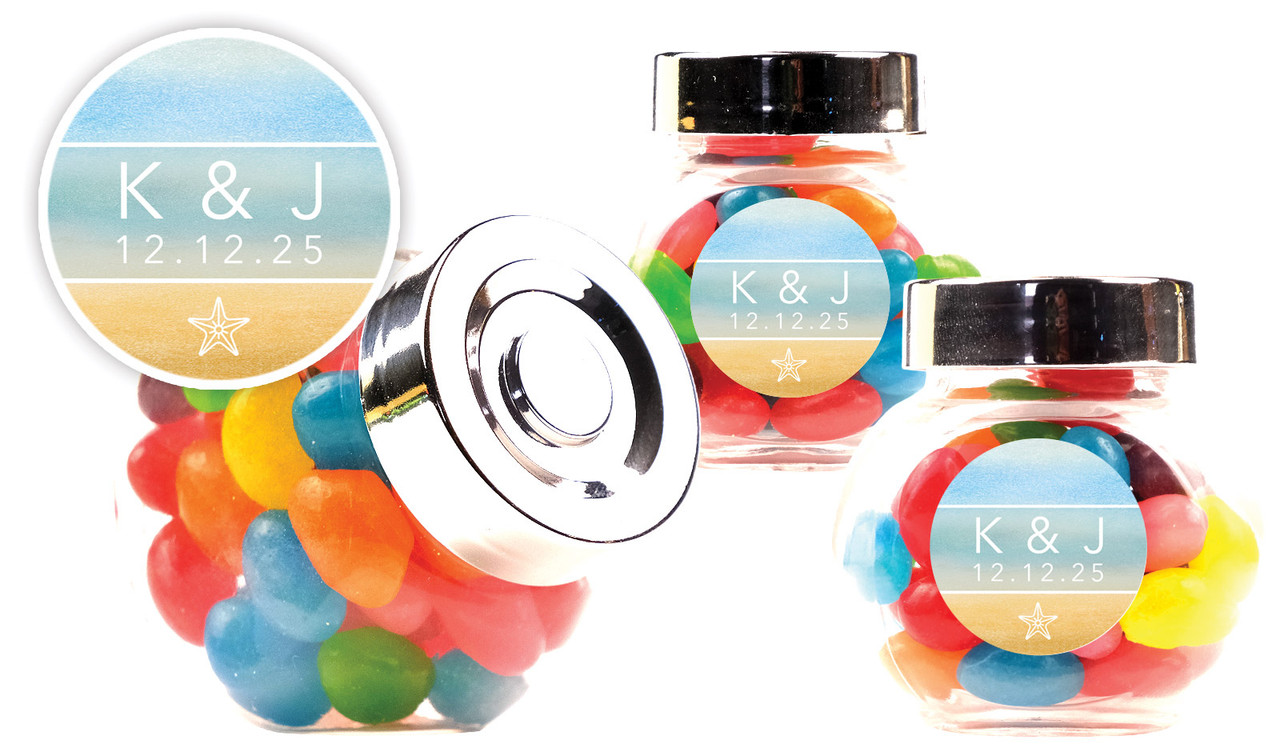 Beach Watercolour Wedding Personalised Mini Candy Jar With Multicoloured Jelly Beans