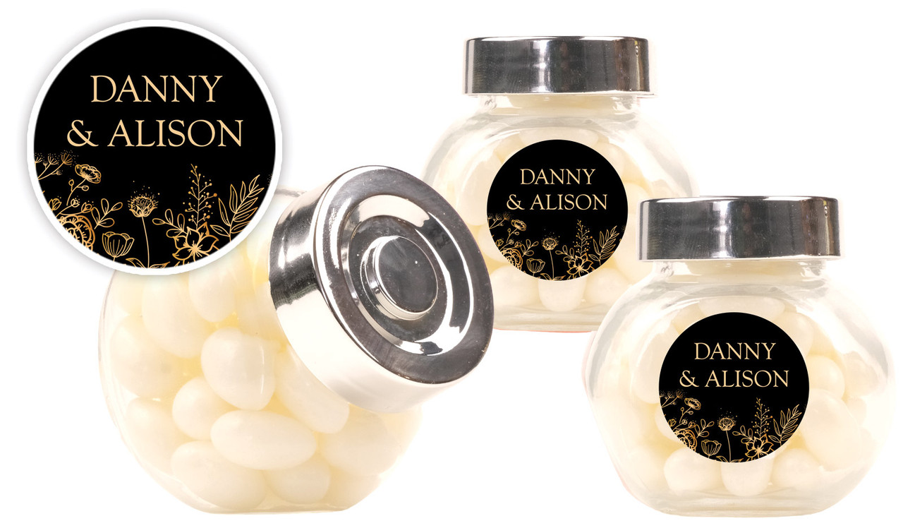 Flowers On Black Wedding Personalised Mini Candy Jar With Multicoloured Jelly Beans