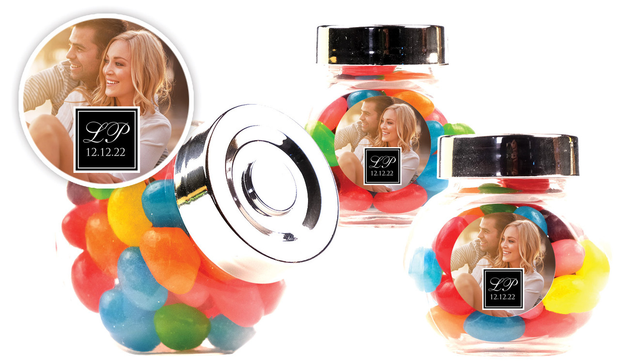 A Photo With Square Wedding Personalised Mini Candy Jar With Multicoloured Jelly Beans
